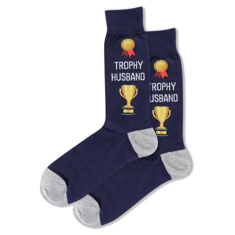 Hot Sox Men's Fun Wedding Groom Crew 1 Pair Pack-Cool & Funny Novelty Fashion Socks, Trophy Husband (Navy), Shoe Size: 6-12 - Image 1